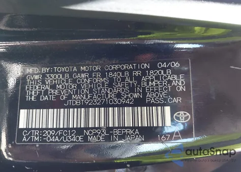 2007 Toyota Yaris from USA, damaged, VIN JTDBT923271030942